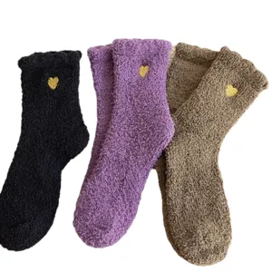 Winter fuzzy socks for women, thick cozy fleece sleep socks with cute heart embroidery, 3 pairs.