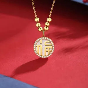 Gold-plated diamond pendant clavicle chain with lucky Chinese character Fu for women.