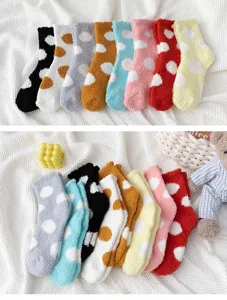 Cozy winter fuzzy coral fleece polka dot socks for women, thick home sleeping socks.