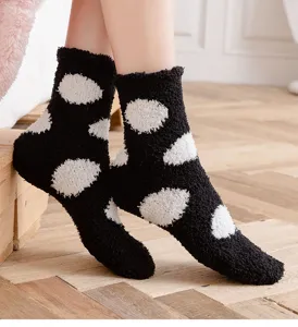 Women fluffy fuzzy winter sleep socks black white polka dot thick cozy warm home socks