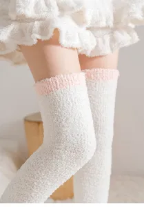 Cozy thick coral fleece over-the-knee winter socks, soft warm sleep socks for indoor wear.