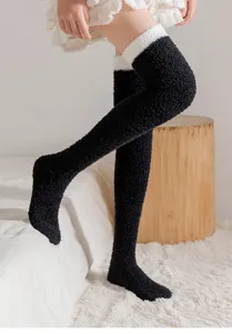 Cozy winter coral fleece over the knee fuzzy socks, thick warm thigh high home sleeping socks.