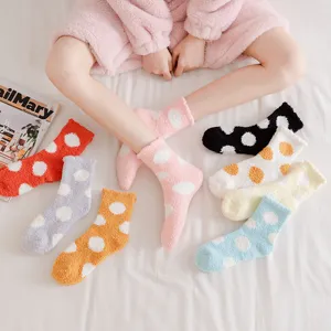 Winter Thickened Coral Fleece Sleep Socks For Women Warm Soft Polka Dot Mid Calf Socks Thermal Home Floor Socks