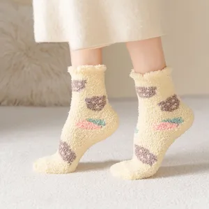 Cozy winter warm fluffy coral fleece socks for women, cute bear pattern indoor thermal floor socks.