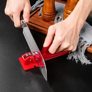 Manual kitchen knife sharpener red plastic tool for fast sharpening chef knives in home cooking