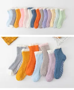 Detail view of winter thick coral fleece fuzzy socks with anti-slip grip for indoor home wear.