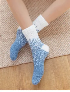 Cozy coral fleece fuzzy socks detail, blue and white gradient winter sleep socks.