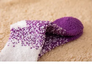 Cozy winter coral fleece fuzzy socks detail view, thick soft gradient purple sleep socks
