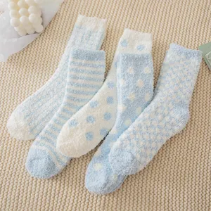 Invierno Engrosado Calcetines de Dormir de Forro Polar Coral Rayado Cuadros Lunares Calcetines Cálidos Acogedores Casa Para Mujeres Hombres