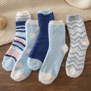 Cozy blue coral fleece socks for women, thick warm mid tube winter home sleep socks set.