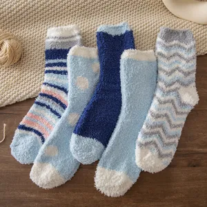 Thickened coral fleece winter socks set, blue and white cozy home sleep socks for women.