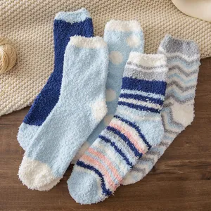 Comfortable thick coral fleece winter mid-tube socks blue pattern sleep socks home warm set