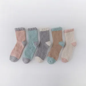 Winter warm coral fleece socks color block mid tube socks soft home thickened sleep socks 5 pairs