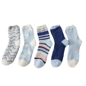 Thickened coral fleece cozy winter sleep socks set, blue patterned warm mid-tube socks