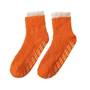 Winter coral fleece fuzzy socks with anti-slip dots, cozy home sleep mid-calf stockings.