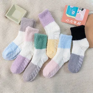 Thick coral fleece sleeping socks winter cozy colorblocked fuzzy floor socks for women