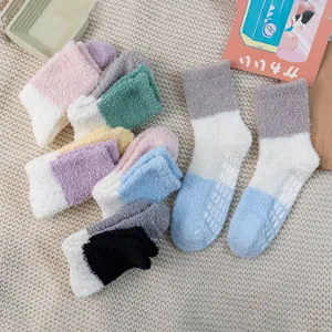 Thickened coral fleece winter socks with color block design, cozy sleep and home floor socks.
