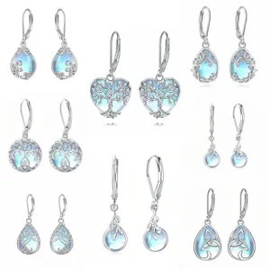 Elegantes Pendientes Colgantes de Cobre Con Strass Flor para Mujer Moda Efecto Piedra de Luna Goutte d'Eau Corazón Árbol Hoja Joyería
