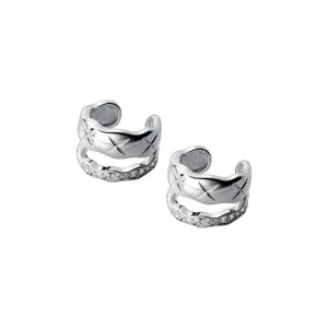 Double layer rhinestone ear cuff, geometric wave silver ear bone clip, minimalist fashion jewelry.