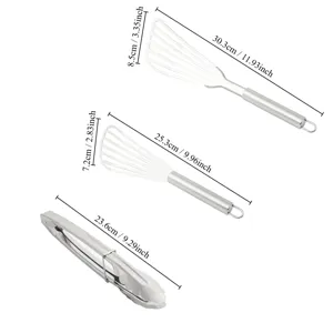 Set de spatules de cuisine en acier inoxydable avec pince, idéal pour cuisson et barbecue.