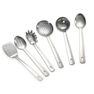 Stainless steel kitchen cooking utensils set, stainless steel spatula and soup spoon tools.