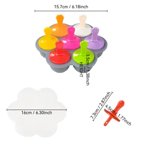 Moule à glace en silicone à 7 cavités et récipient pour bébé avec couvercle et dimensions.