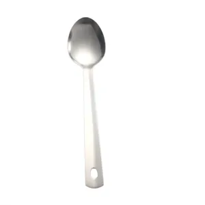 Stainless steel cooking spoon detail view, durable kitchen utensil with handle hanging hole