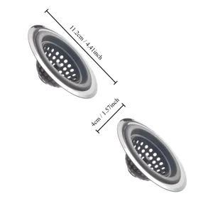 Vue détail de filtre d'évier en silicone, bord en acier inoxydable, anti-obstruction.