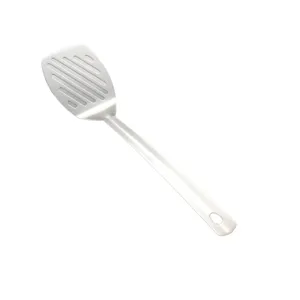 Stainless steel cooking spatula close-up view showing slotted drainage design and long handle.