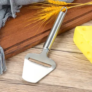 Stainless steel cheese slicer detail view, professional kitchen gadget for slicing cheese easily.