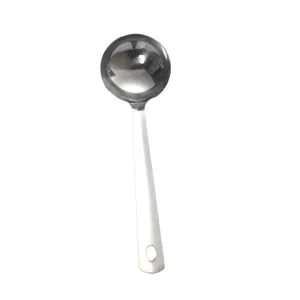 Close-up of stainless steel soup ladle detail showing smooth polished surface and handle hole.