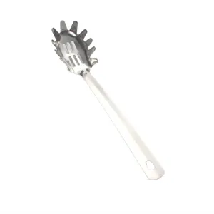 Detail view of the stainless steel pasta server featuring slotted bowl and hanging hole handle.