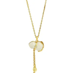Gold-plated white chalcedony gourd pendant necklace with tassel chain, stylish and elegant.