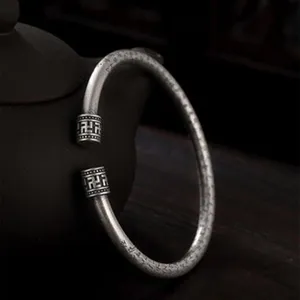 Bracelet Jonc en Argent Massif Gravé du Sutra du Cœur Manchette Mate Rétro Femme