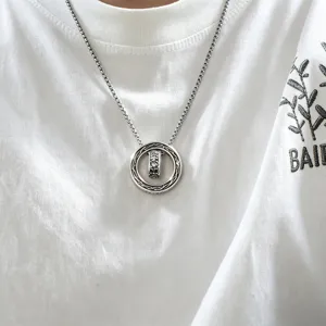 Retro thorn double ring necklace for men vintage style silver plated pendant chain jewelry