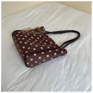 Stylish brown polka dot tote bag for women, large capacity shoulder bag with comfy handles.