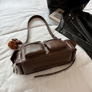 Women multi-pocket commuter shoulder bag, large capacity brown PU leather crossbody.