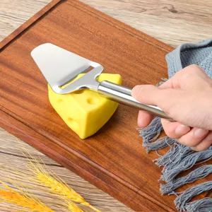 Stainless steel cheese slicer detail view, perfect kitchen gadget for cutting cheese easily.