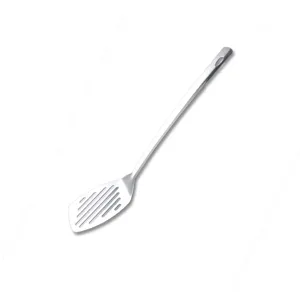 Stainless steel slotted spatula kitchen cooking tool with long handle and hanging hole.