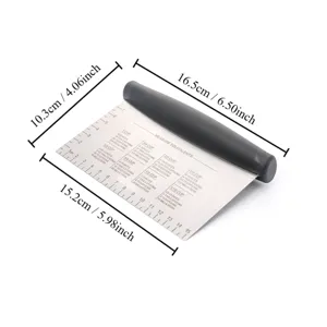 Stainless steel dough scraper with measurement scale and comfortable handle for baking.