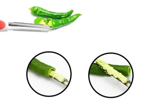 Detailansicht des Edelstahl Paprika Entkerners, scharfe gezahnte Klinge zum einfachen Entkernen.
