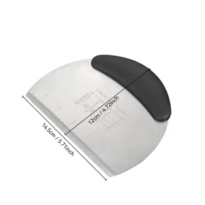 Stainless steel dough scraper detail view, showing ergonomic black handle and scale markings clearly.