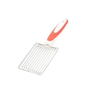Stainless steel lunch meat and tomato slicer with non-slip handle for kitchen use.