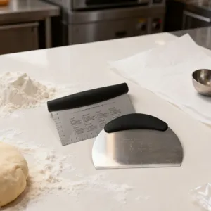 Stainless steel dough scraper with measurement scale, professional baking pastry cutter tool detail.