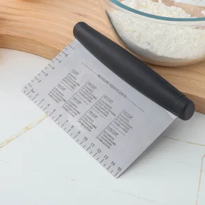 Stainless steel dough scraper with scale and conversion chart, professional baking tool for kitchen.