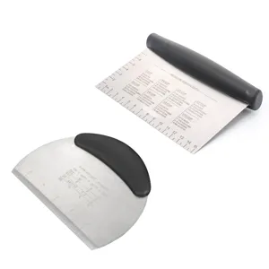 Stainless steel dough scraper with measurement conversion and ruler for baking pastry tool.