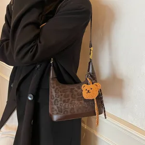 Vintage Casual Leopar Hobo Τσάντα Χιαστί Μεγάλης Χωρητικότητας Ώμου με Χαριτωμένο Αρκουδάκι