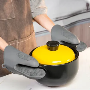 Heat resistant silicone oven mitts kitchen anti scald pot clips baking tool gloves grey