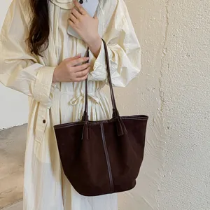 Vintage καφέ σουέτ τσάντα shopper, γυναικεία μινιμαλιστική τσάντα ώμου bucket, chic τσάντα.