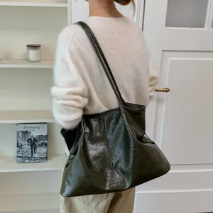 Vintage large capacity tote bag for women, slouchy soft PU leather shoulder underarm bag.